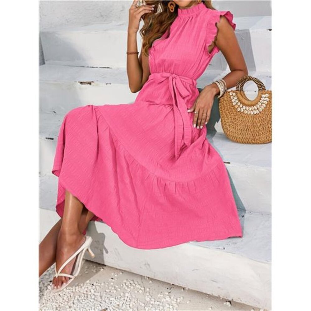 Frill Mock Neck Ruffled Cap Sleeve Midi Dress - Picture 12 of 15
